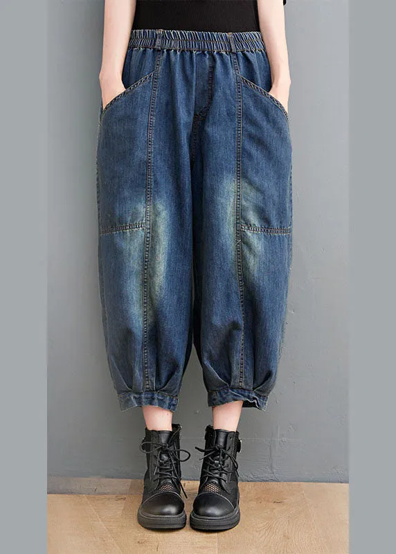 Vintage Blue High Waist Pockets lantern Casual Fall Pants