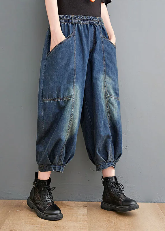 Vintage Blue High Waist Pockets lantern Casual Fall Pants