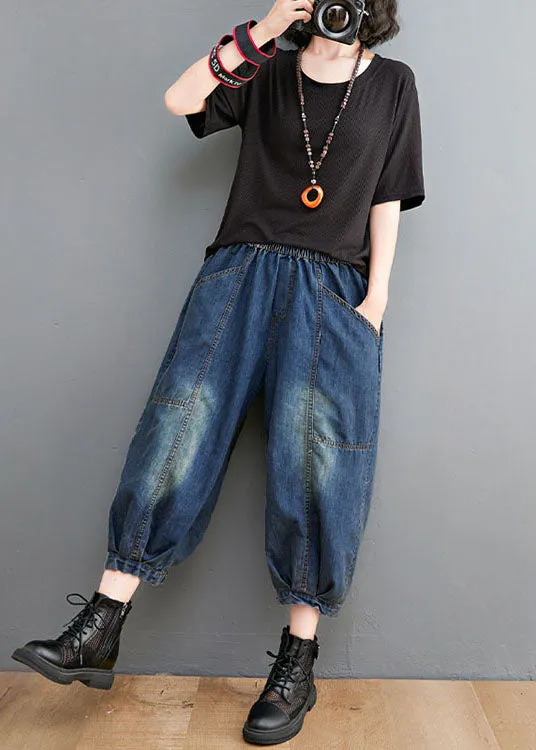 Vintage Blue High Waist Pockets lantern Casual Fall Pants