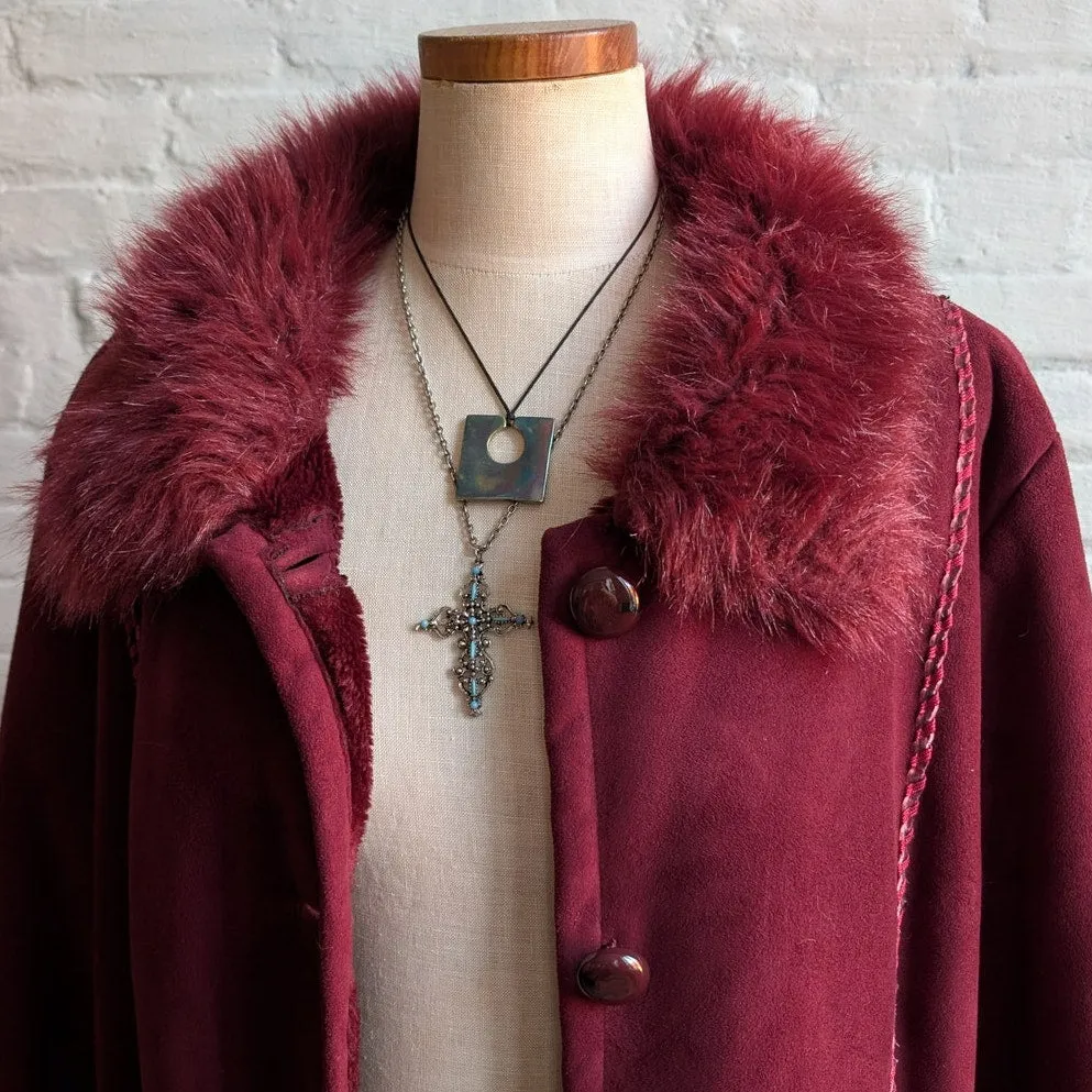 Vintage Red Faux Fur Coat Penny Lane Groovy Jacket Shaggy Afghan Tapestry Trench