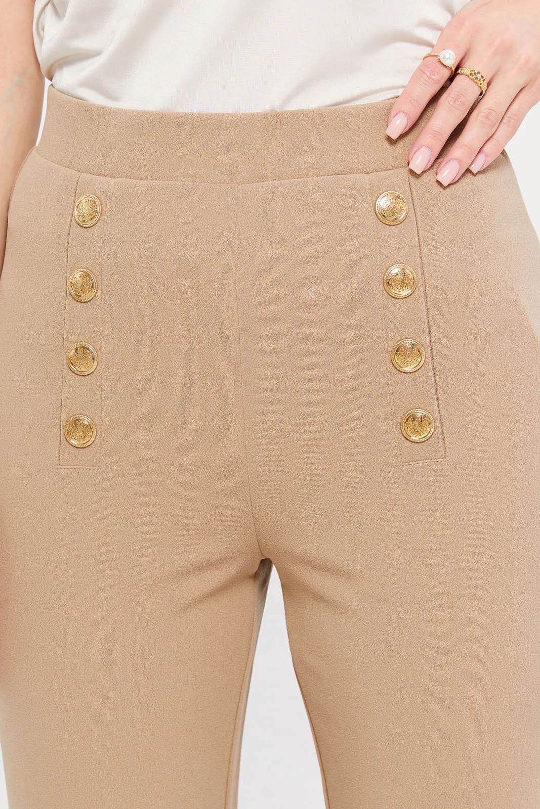 Women Beige Straight Leg Side Button Trouser