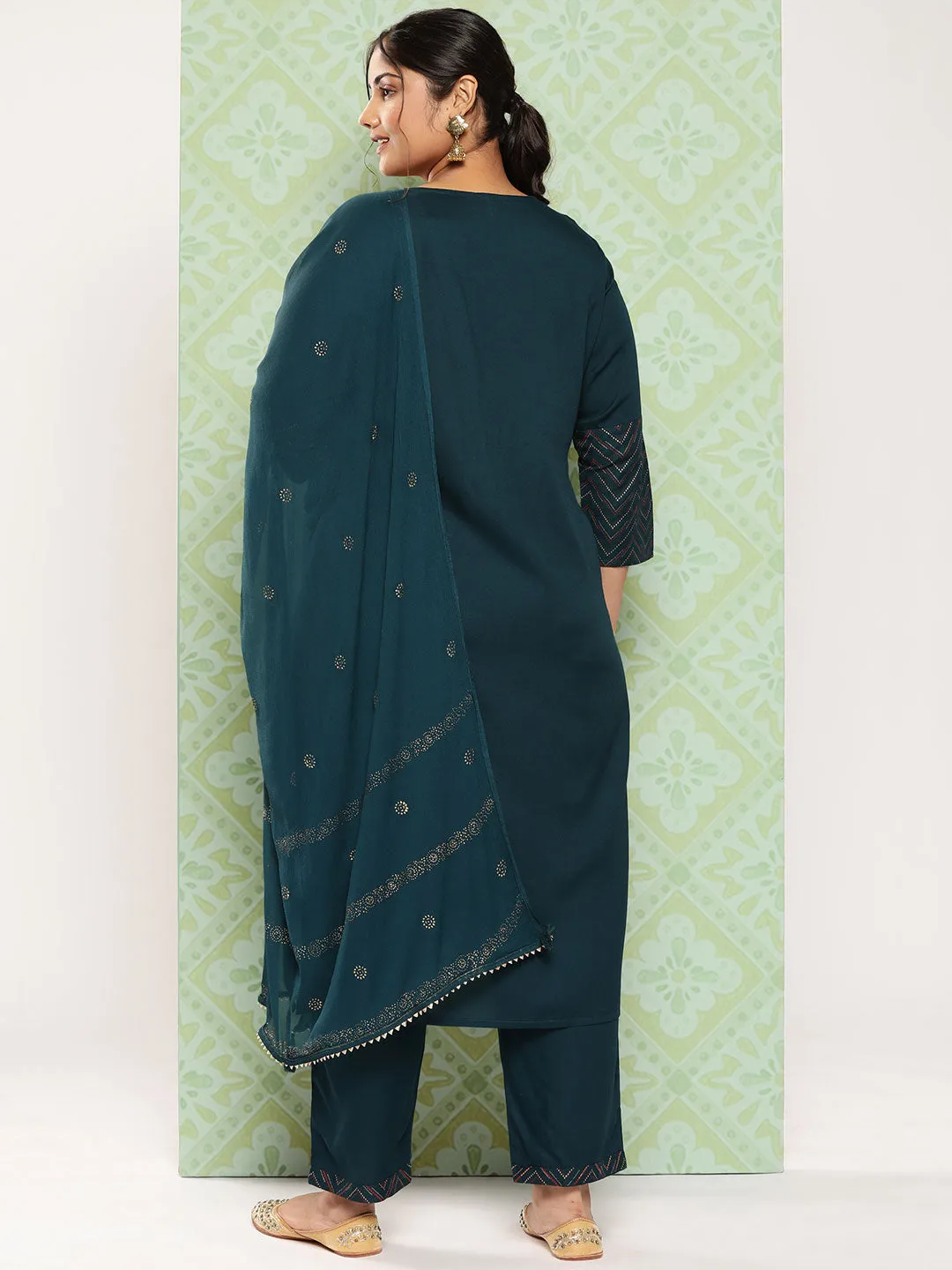 Women Plus Size Teal Green  Viscose Rayon Kurta Set With Dupatta