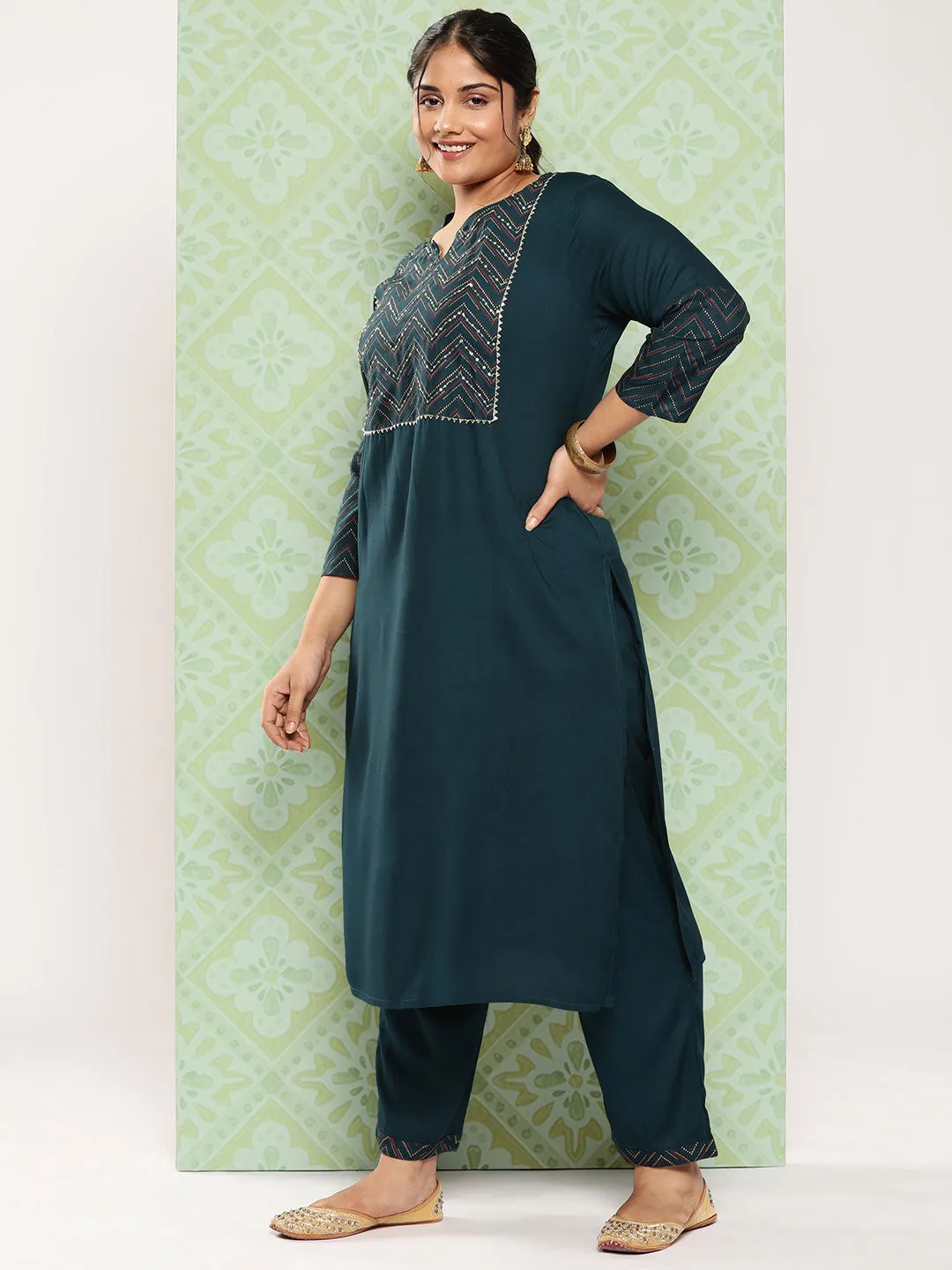 Women Plus Size Teal Green  Viscose Rayon Kurta Set With Dupatta