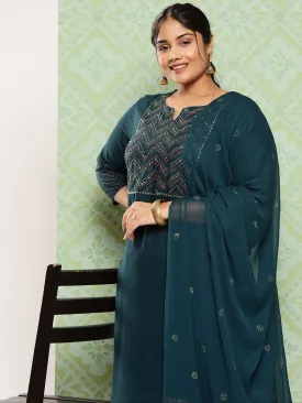 Women Plus Size Teal Green  Viscose Rayon Kurta Set With Dupatta