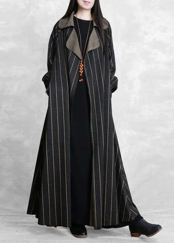 women plus size trench coat dark gray striped Notched pockets wool coat for woman