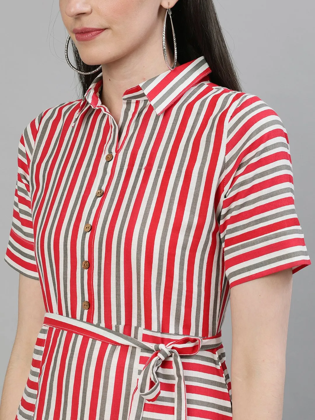 Women Red Striped Striped Shirt Collar Cotton A-Line Dress