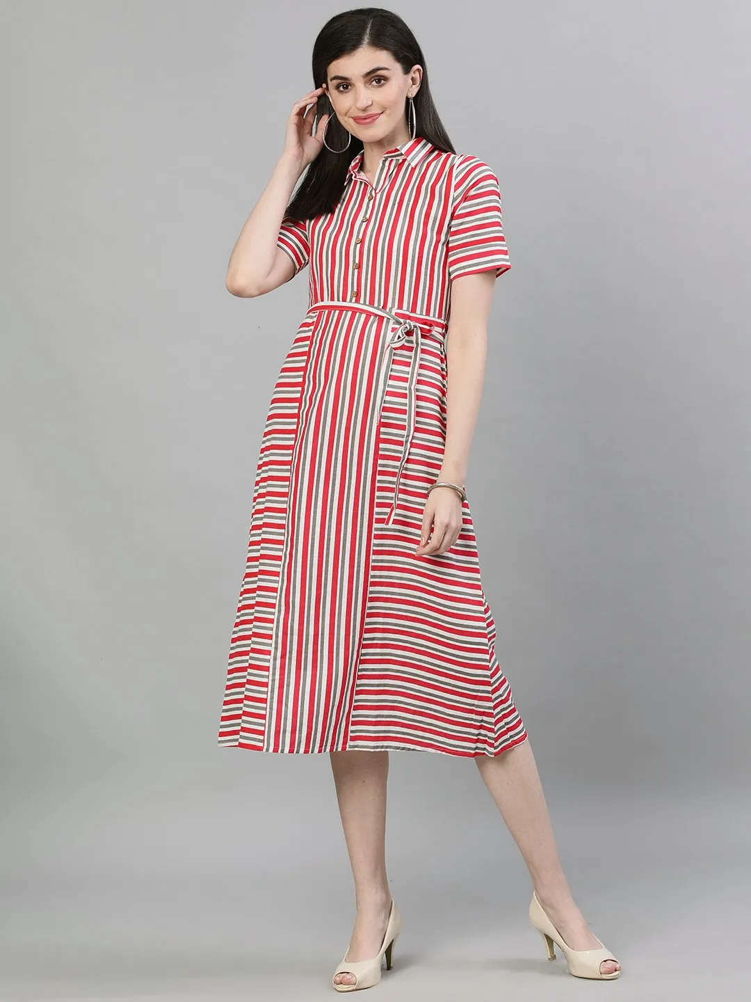 Women Red Striped Striped Shirt Collar Cotton A-Line Dress