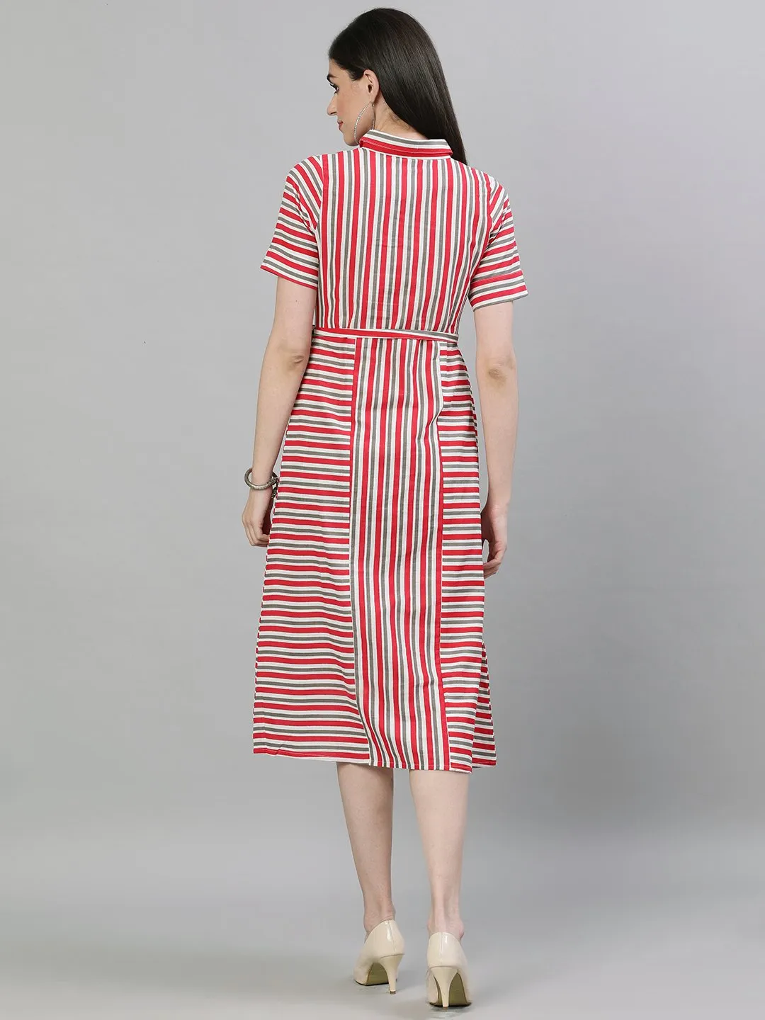 Women Red Striped Striped Shirt Collar Cotton A-Line Dress