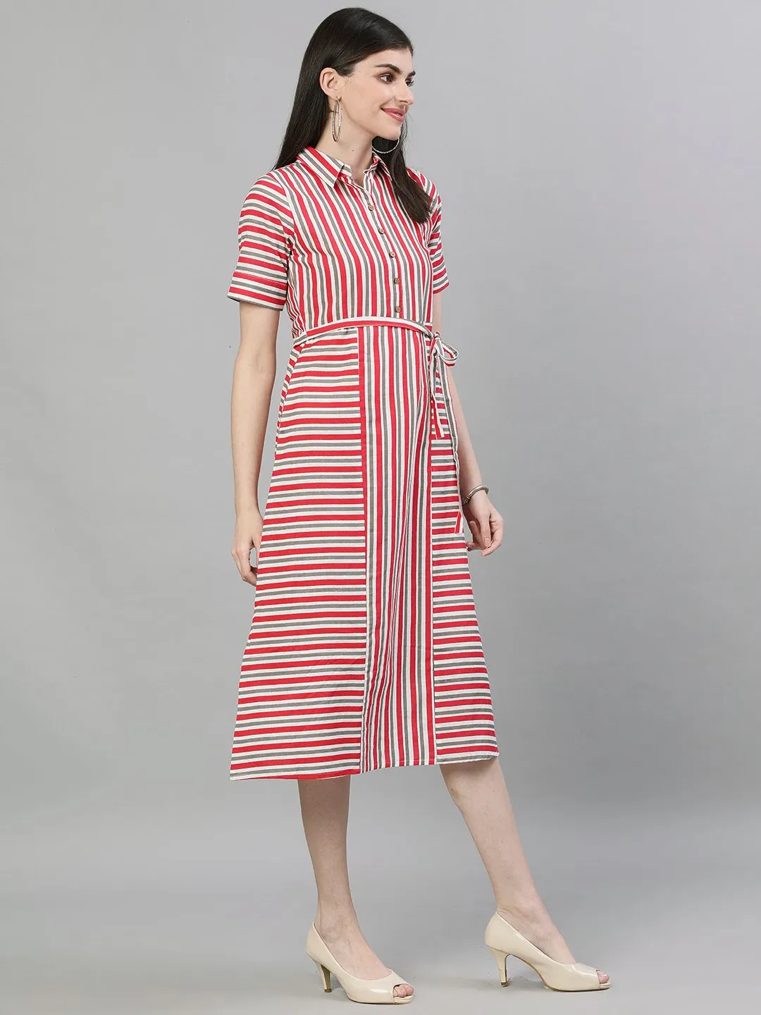 Women Red Striped Striped Shirt Collar Cotton A-Line Dress