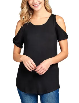 Women's Casual Cold Shoulder Twisted Short Sleeve Round Neck Top