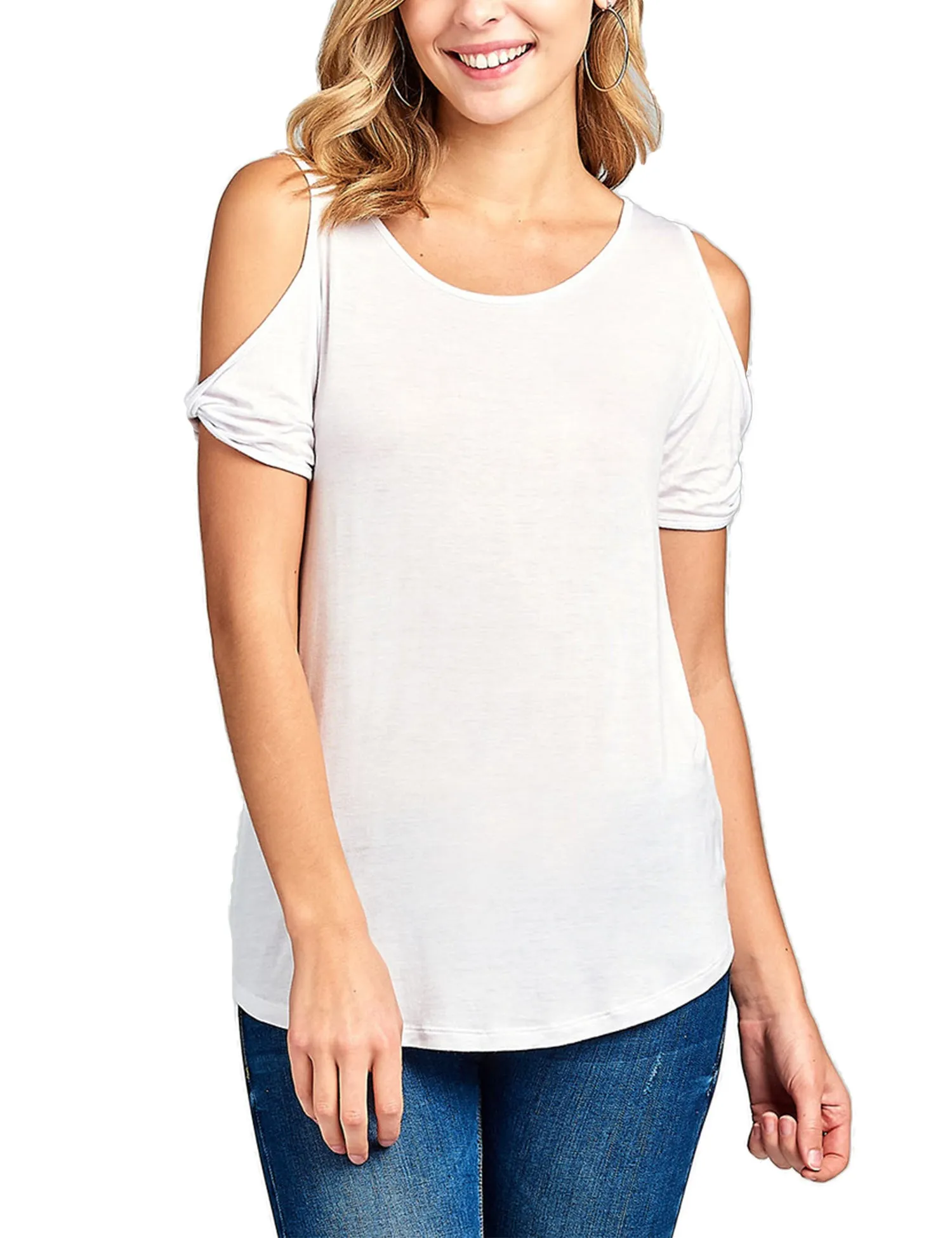 Women's Casual Cold Shoulder Twisted Short Sleeve Round Neck Top