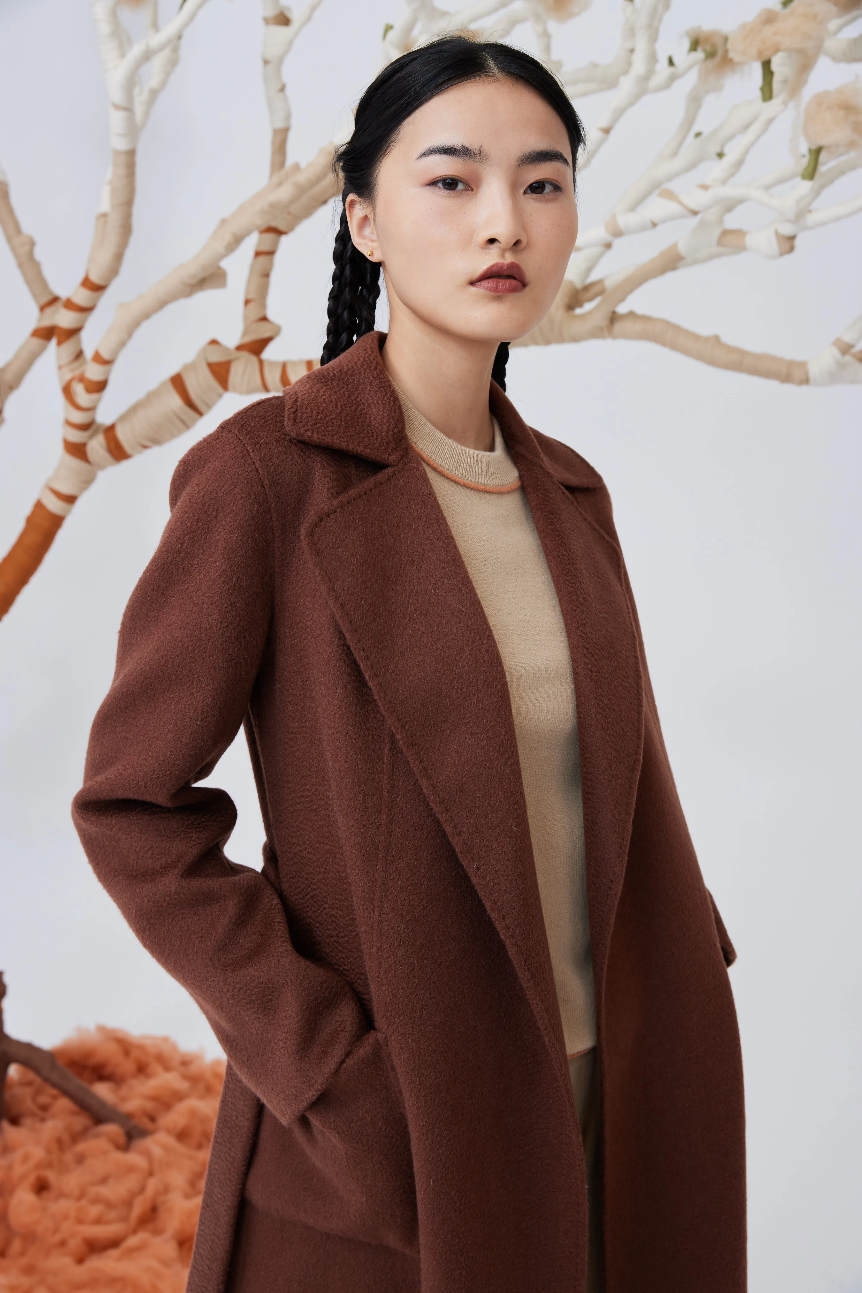 Women's lapel collar long cashmere coat