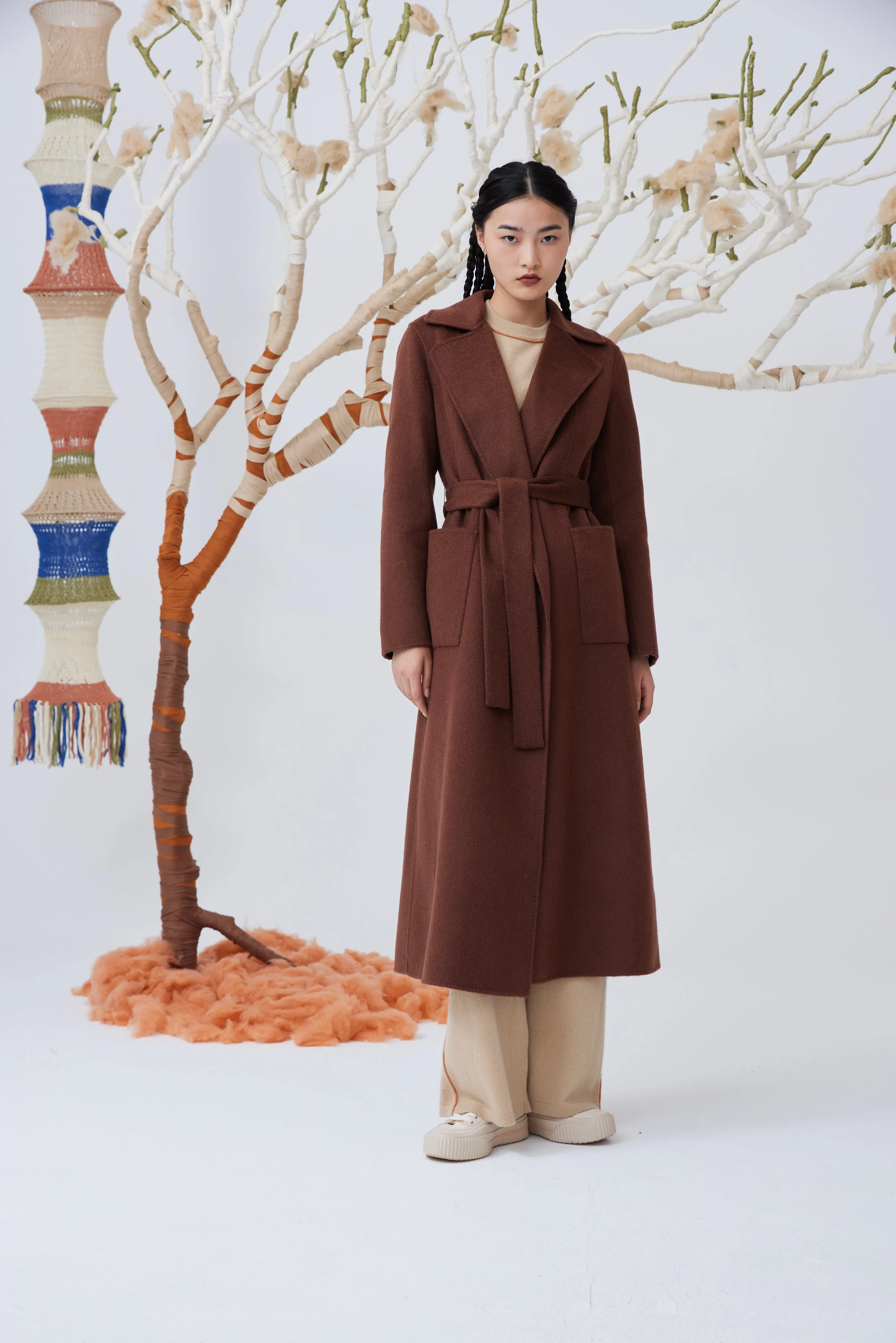 Women's lapel collar long cashmere coat