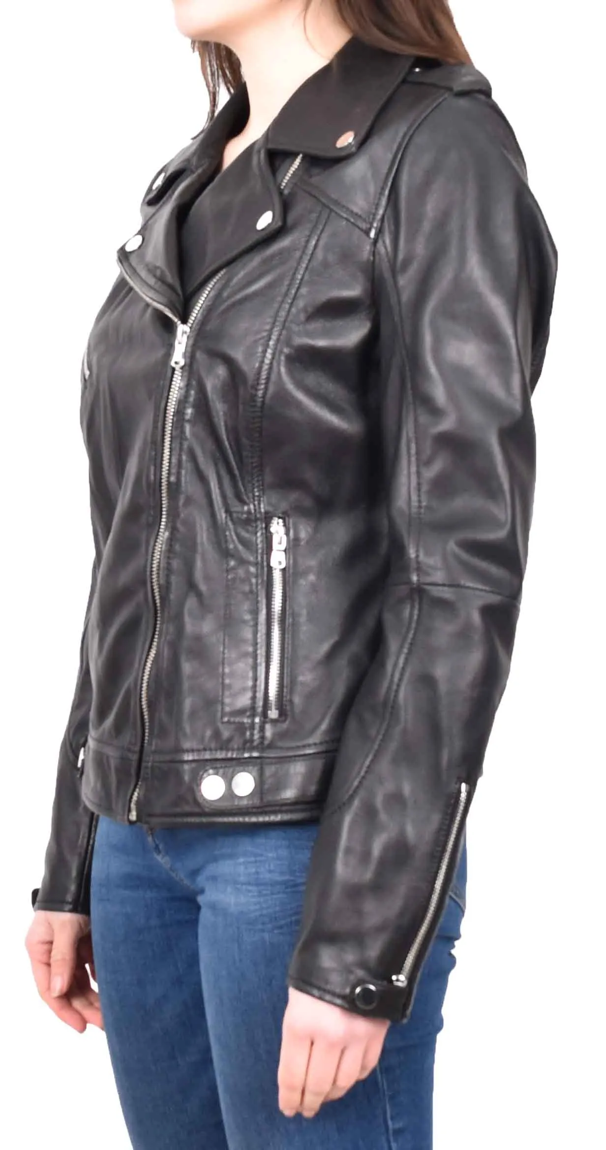 Womens Real Leather Biker Cross Zip Jacket Style Tiana Black Size 12